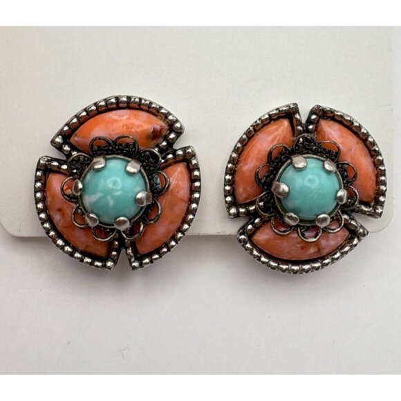 Vintage Faux Turquoise & Coral Earrings Screw Back Silver Tone Floral - Picture 6 of 6